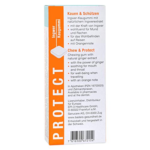 BADERs PROTECT el chicle de jengibre de la farmacia. Con las sustancias picantes de los gingeroles. También es ideal cuando se viaja. Sabor a jengibre y naranja. 3x20 pieza. Producto suizo