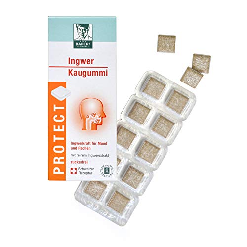 BADERs PROTECT el chicle de jengibre de la farmacia. Con las sustancias picantes de los gingeroles. También es ideal cuando se viaja. Sabor a jengibre y naranja. 3x20 pieza. Producto suizo