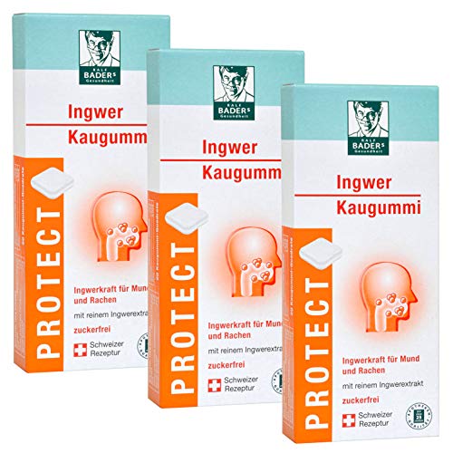 BADERs PROTECT el chicle de jengibre de la farmacia. Con las sustancias picantes de los gingeroles. También es ideal cuando se viaja. Sabor a jengibre y naranja. 3x20 pieza. Producto suizo