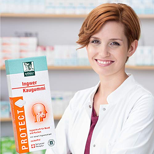 BADERs PROTECT el chicle de jengibre de la farmacia. Con las sustancias picantes de los gingeroles. También es ideal cuando se viaja. Sabor a jengibre y naranja. 3x20 pieza. Producto suizo