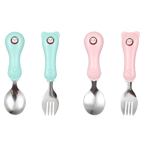 Baobiutin Cuchara De Bebé Conjunto De Tenedor Oso De Dibujos Animados Acero Inoxidable Comer Utensilios Accesorios De Cubiertos 2 Unids Rosa, Recién Nacidos Suministros