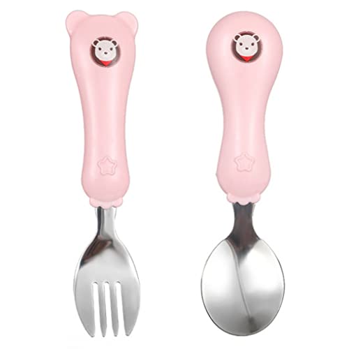 Baobiutin Cuchara De Bebé Conjunto De Tenedor Oso De Dibujos Animados Acero Inoxidable Comer Utensilios Accesorios De Cubiertos 2 Unids Rosa, Recién Nacidos Suministros