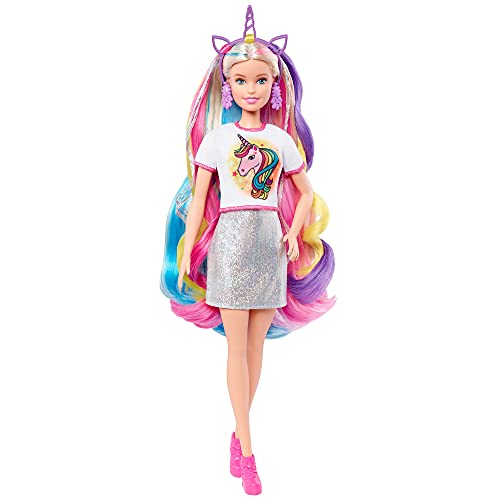 Barbie Pelo Fantasía Muñeca para peinar con accesorios de moda y diademas con mechas de unicornio y sirena (Mattel GHN4)