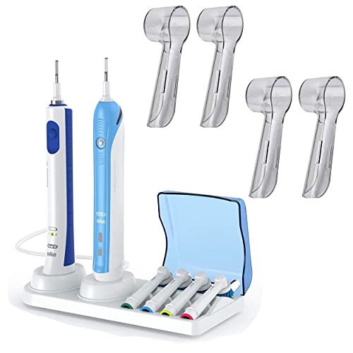 Base Soporte Porta Cepillo de Dientes Eléctrico para Oral B con Tapa – Incluye 4 Fundas Higiénicas Protectores de Cabezales Cepillo Dientes para Oral B