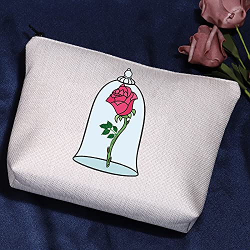 Beauty and The Beast - Bolsa de maquillaje con diseño de flores de rosa con cremallera romántica, para el día de la madre, San Valentín, Navidad, regalo de cumpleaños para ella, beige, Bolsa de aseo