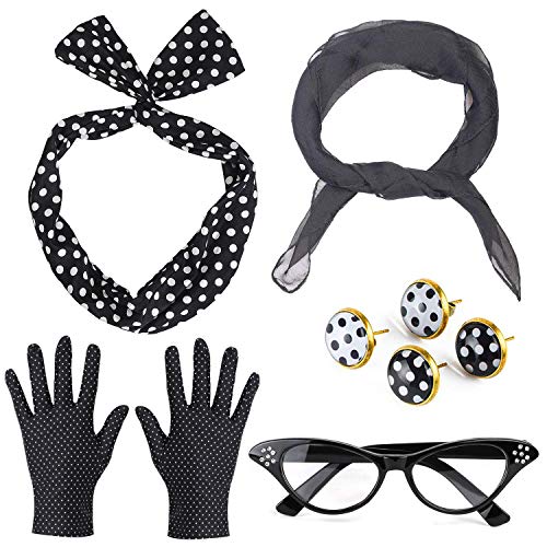 Beelittle 50's Women Costume Accessories Set Bufanda de Gasa Guantes de Lunares Bandana Tie Diadema Pendientes Retro Cat Eye Eglasses (Negro)