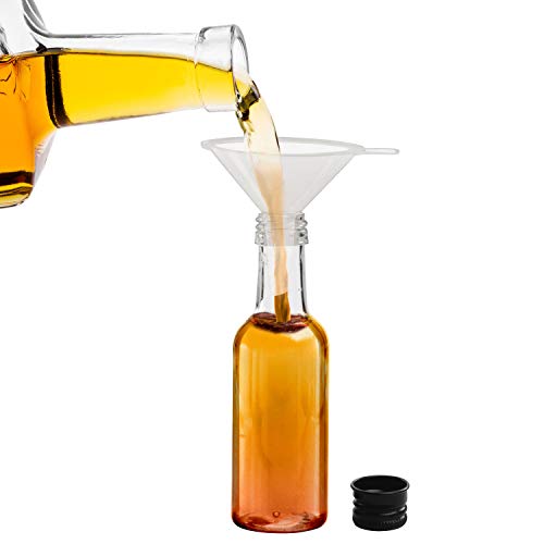 BELLE VOUS Mini Botellas de Licor (Pack de 48) - Botellas Pequeñas de Plástico 50ml Vacías - Tapa Negra de Rosca y Embudo - Botellas Reutilizables, Fácil Llenado - Mini Botella para Bodas y Fiestas