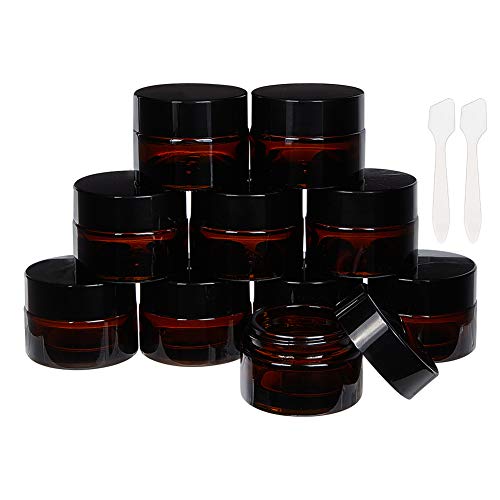 BENECREAT 15 Pack 15ml Tarro de Vidrio para Cosméticos Color Ámbar Oscuro con Forro Interior Blancos y Tapas de Plástico Negro con 2 Cucharas para Lociones, Cremas, Maquillaje