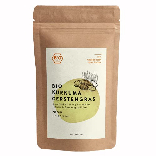 BIONUTRA® Cúrcuma hierba de cebada en polvo orgánica 250 g, cúrcuma dorada combinada con hierba de cebada verde fresca procedente de cultivo ecológico controlado de la UE, vitalidad, piel y cabello.