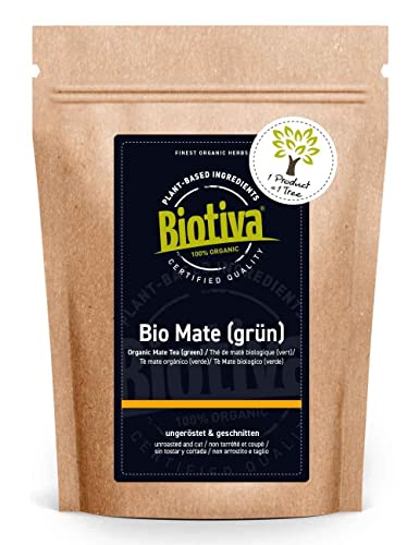 Biotiva Infusión de mate orgánica 500 g - infusión de mate verde sin tostar - hojas de hierba mate con cafeína - cultivo orgánico - empacada y verificada en Alemania