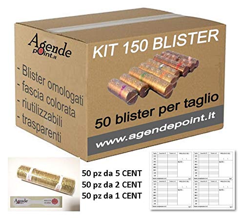 Blister para monedas de euro KIT 150 MIXTOS: 1-2 - 5 céntimos (50 piezas por denominación) mastrino y precintos GRATIS