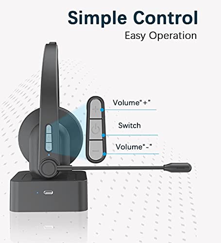 Bluetooth 5.0 Auriculares con Micrófonos, Auricular Bluetooth Cascos PC con Estación de Carga Cancelación de Ruido, Compatible con Servicio Telefónico,Manos Libres,Skype,Call Centers,Truck Driver