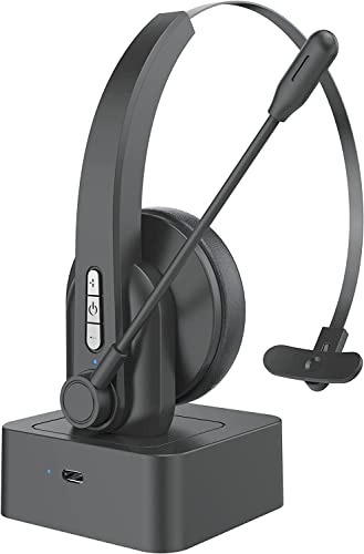 Bluetooth 5.0 Auriculares con Micrófonos, Auricular Bluetooth Cascos PC con Estación de Carga Cancelación de Ruido, Compatible con Servicio Telefónico,Manos Libres,Skype,Call Centers,Truck Driver