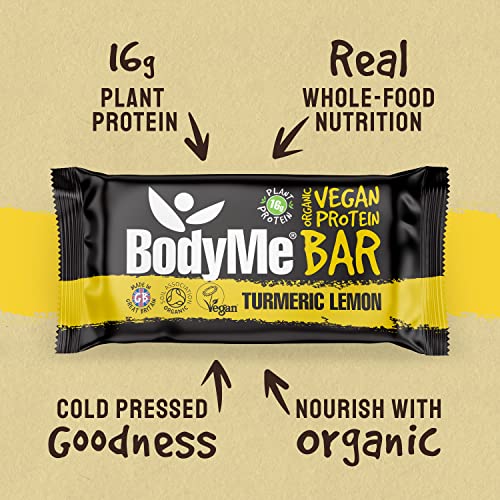 BodyMe Barritas Proteinas Veganas Organica | Cruda Curcuma Limon | 12 x 60g Barra Proteina Vegana | Sin Gluten | 16g Proteína Completa | 3 Proteina Vegetal | Aminoacidos Esenciales | Vegan Protein Bar