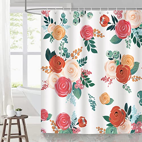 Bonhause Cortina de Ducha Flores de Rosas Rosa y Naranja 180 x 180 cm Cortina de Baño de Poliéster Impermeable Antimoho Lavable Cortina Ducha con 12 Ganchos