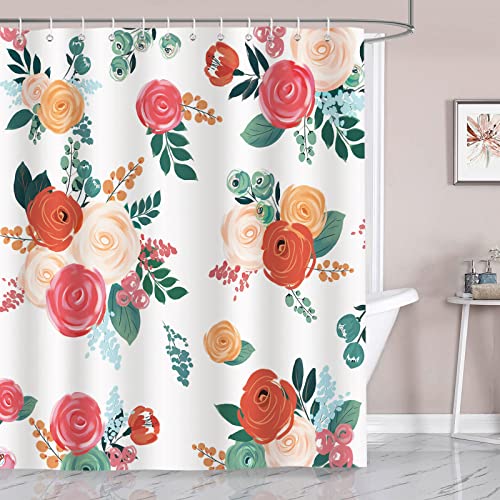 Bonhause Cortina de Ducha Flores de Rosas Rosa y Naranja 180 x 180 cm Cortina de Baño de Poliéster Impermeable Antimoho Lavable Cortina Ducha con 12 Ganchos