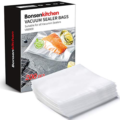 Bonsenkitchen Bolsas de Vacio para Alimentos, 20x30cm 200 Bolsas Tamaño Estándar para Envasadora al Vacío - Bolsa de Vacío Gofradas para Conservación y Cocción Sous Vide, Boilable y sin BPA -VB8909