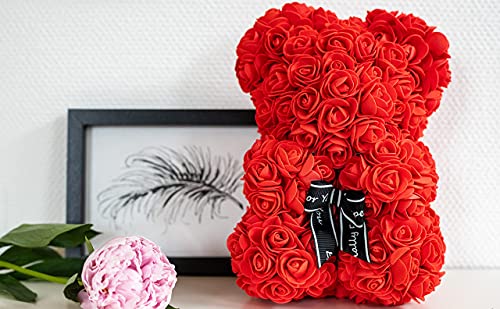 Brandsseller Oso de rosa de aprox. 25 cm de alto, decoración de rosas, regalo para mujeres/hombres, romántico, cumpleaños, aniversario, aniversario de boda y muchos más... rojo