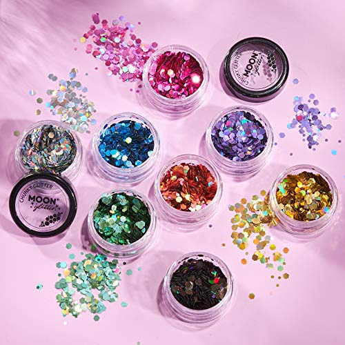 Brillo Holográfico Grueso por Moon Glitter – 100% Brillo Cosmético para la Cara, Cuerpo, Uñas, Cabello y Labios - 3g - Negro