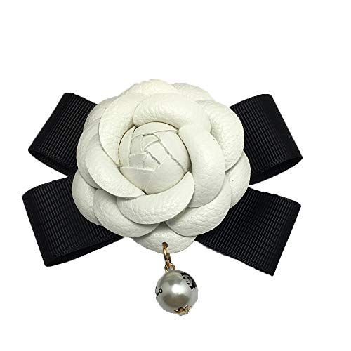 Broche de la flor de la camelia 2.4" bolso de cuero del arco floral PIN para mujeres se visten de la bufanda Broche de joyería accesorios de regalo blanco 1 PCS