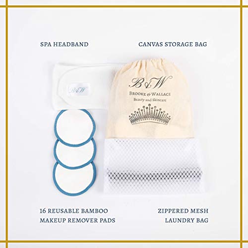 Brooke & Wallace Beauty and Skincare | 16 Pack Complete Kit with Headband | Reusable Makeup Remover Pads | Luxury Premium Face Wipes | Natural Bamboo