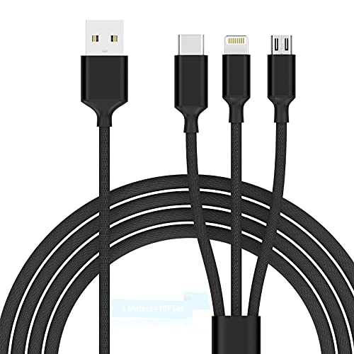 Cable Cargador Multifunción, Cable USB Múltiple 3 en 1 Trenzado De Nailon MTAKYI 3M Con Conector iP Micro USB Tipo C, Compatible Con iPhone12 11 XS 8 7 Plus Android Galaxy S9 S8 S7, Huawei, Xiaomi, LG