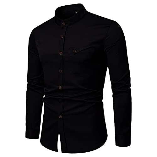 Camisa De Hombre Slim Fit Cuello Kent Bolsillo En El Pecho Casual De Negocios Camisa De Manga Larga para Hombre Camisa Básica Ajuste Regular Cómoda Camisa Henry para Hombre E-Black M