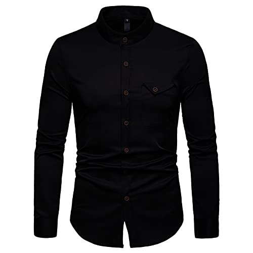 Camisa De Hombre Slim Fit Cuello Kent Bolsillo En El Pecho Casual De Negocios Camisa De Manga Larga para Hombre Camisa Básica Ajuste Regular Cómoda Camisa Henry para Hombre E-Black M