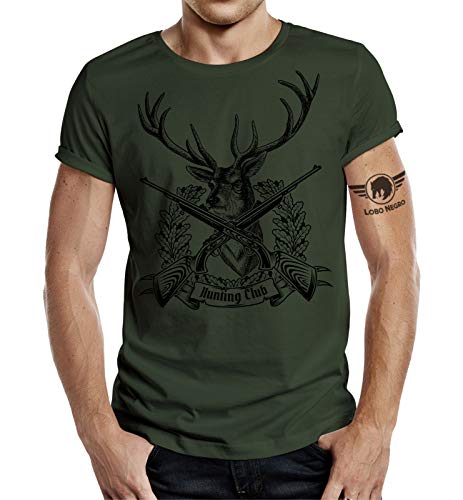 Camiseta de cazador, diseño de ciervo con texto Hunting Club, Todo el año, Estampado., Hombre, color verde oliva, tamaño XL