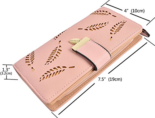 Carteras para Mujer, TMEOG Mujer Hoja Bifold Cartera de Cuero Titular de la Tarjeta de Monedero de Cremallera Hebilla Elegante Cartera de Embrague (L_Rosado)