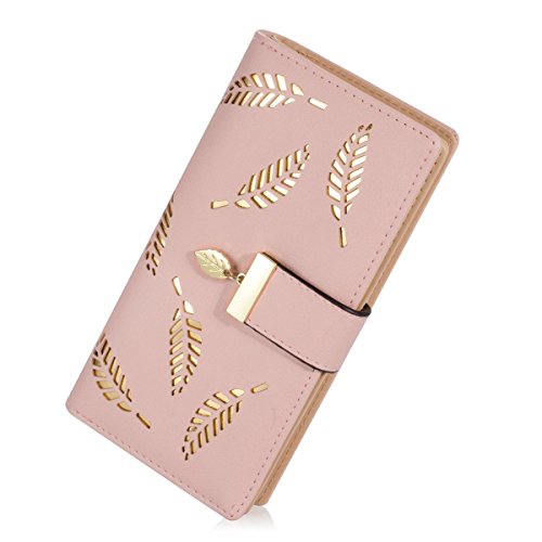 Carteras para Mujer, TMEOG Mujer Hoja Bifold Cartera de Cuero Titular de la Tarjeta de Monedero de Cremallera Hebilla Elegante Cartera de Embrague (L_Rosado)