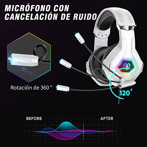 Cascos Gaming con Micrófono Suave, Luz RGB, Sonido Envolvente Claro, Orejeras Ligero Cómodo Ajustable, Auriculares Gaming Blanco para PS5 PS4 PC Xbox One/X/S Switch Tableta Laptop