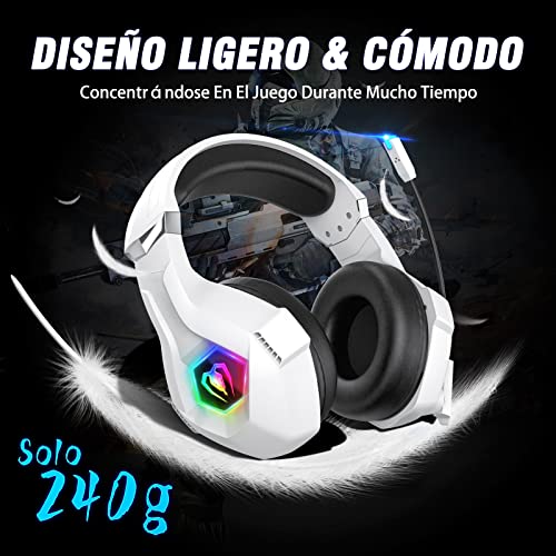 Cascos Gaming con Micrófono Suave, Luz RGB, Sonido Envolvente Claro, Orejeras Ligero Cómodo Ajustable, Auriculares Gaming Blanco para PS5 PS4 PC Xbox One/X/S Switch Tableta Laptop