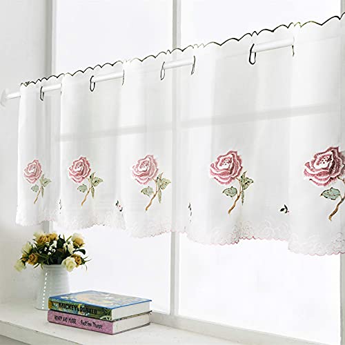 Cenefa de encaje con bordado de rosa para cocina, cafetería, tratamientos de ventana, color blanco, 1 panel, hilo, W 68 × H 23 inch