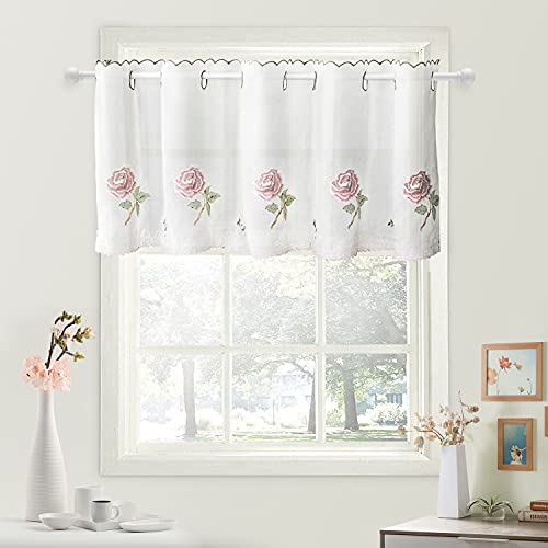 Cenefa de encaje con bordado de rosa para cocina, cafetería, tratamientos de ventana, color blanco, 1 panel, hilo, W 68 × H 23 inch