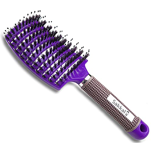 Cepillo De Pelo De Jabalí SAKKAL Largo, Grueso, Fino, Rizado Y Enredado Herramientas de Peinado Profesional Todas Las Ocasiones/Aniversarios 100% Natural Desenredando Secado Rápido (Violeta)