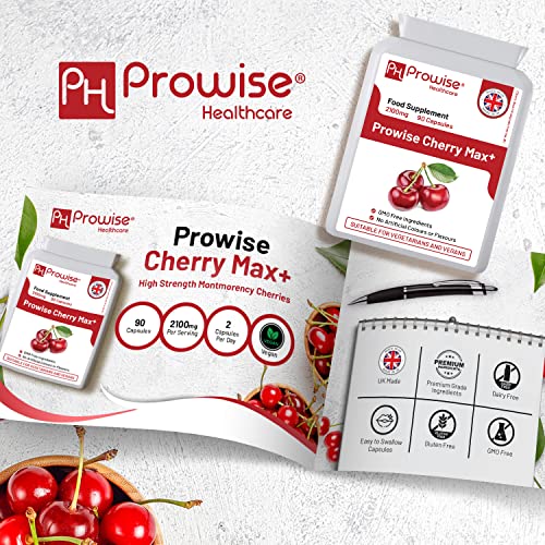 Cherry Max + 2100 mg de cereza Montmorency agregada con cereza negra I 90 cápsulas veganas de alta resistencia que fabrica en el Reino Unido por Prowise Healthcare