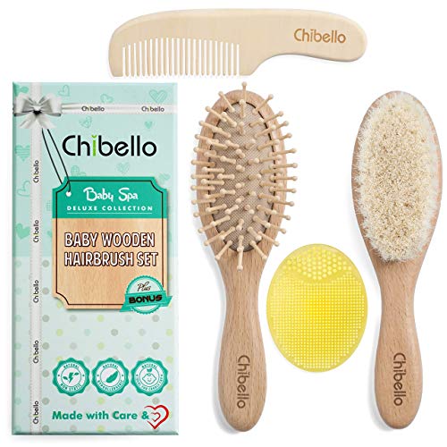 Chibello 4 pieza cepillo de pelo del bebé de madera y juego de peine | natural de cabra cepillo cerdas | madera cepillo de cerdas