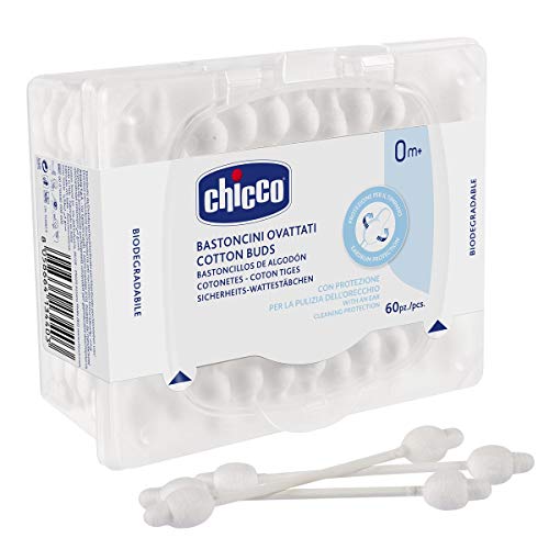 Chicco 00010440000000 - Bastoncillos de algodón con sistema de protección timpánico, suaves y flexibles, ideal bebés niños y adultos, 60 unidades de bastoncillos, color blanco, unisex