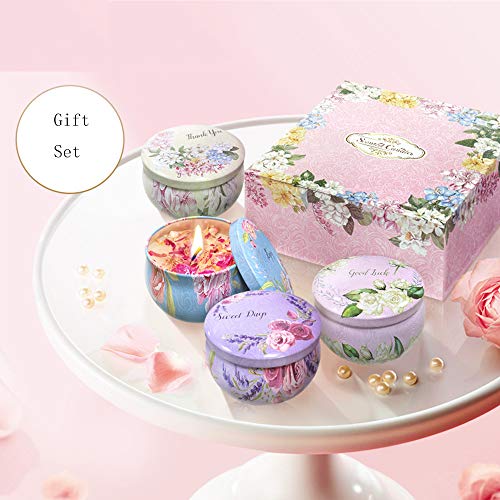 CINY Paquete de 4 Velas Perfumadas De 125 g, Juego De Regalo De Velas De Aromaterapia De Cera De Soja, Velas De Flores Secas Perfumadas, Rosa, Jazmín, Peonía, Camelia para Cumpleaños, Bodas, Fiestas