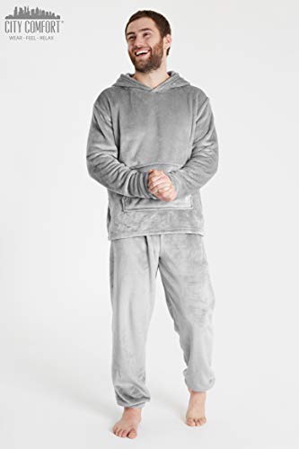 CityComfort Pijamas Hombre, Pijamas Hombre Invierno Suaves, Pijamas Hombre Forro Polar Sudadera con Capucha y Pantalon, Regalos para Hombres (Gris Claro, L)