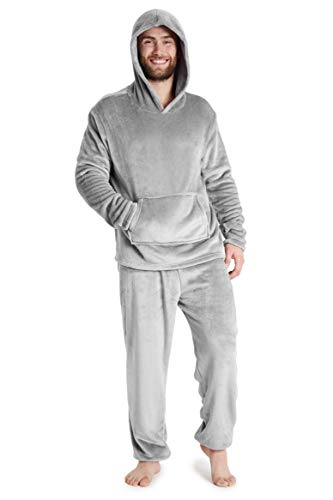 CityComfort Pijamas Hombre, Pijamas Hombre Invierno Suaves, Pijamas Hombre Forro Polar Sudadera con Capucha y Pantalon, Regalos para Hombres (Gris Claro, L)