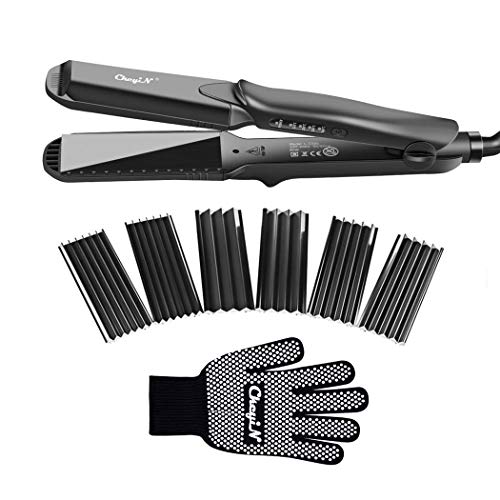 CkeyiN 5 en 1 Plancha de Pelo Efecto Trenzas Plancha Ondas PequeñAs Ondulado con 5 Placas Intercambiables de CeráMica de Titanio Para Ondular el Cabello Plancha Onduladora Pelo Zig Zag (Negro-2)