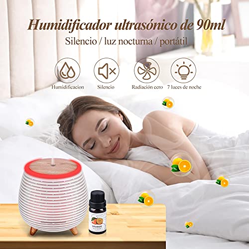 Ckeyin Humidificador Ultrasònico Mini Difusor 90ML Ambientador Aromaterapia con 1 Botellas de Aceite Esencial 100% Puro,Silencio,7 Luces LED de Color, sin BPA para el Hogar y la Oficina,(Blanco-2)