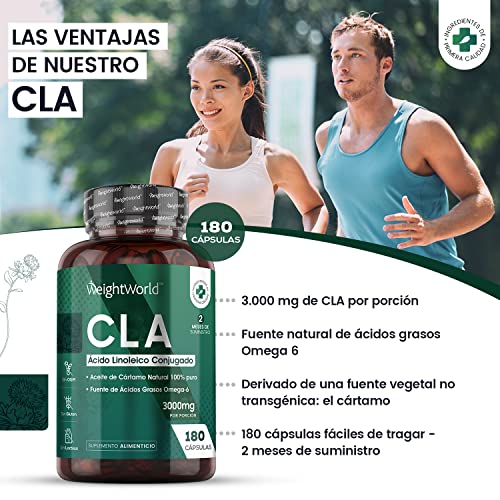 CLA Ácido Linoleico Conjugado 3000 mg 180 Cápsulas - Perlas de Ácido linoleico de Aceite de Cártamo Puro y Natural, Potente Fuente de Ácidos Grasos Omega 6, Suplemento Dietético, Sin Aditivos