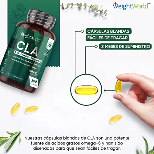 CLA Ácido Linoleico Conjugado 3000 mg 180 Cápsulas - Perlas de Ácido linoleico de Aceite de Cártamo Puro y Natural, Potente Fuente de Ácidos Grasos Omega 6, Suplemento Dietético, Sin Aditivos