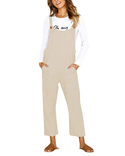 CNFIO Pantalones Mujer Casual Ajustable Correa Monos Rompers Flojo Retro Harem Mamelucos Jumpsuits Overalls con Bolsillo C-Beige XXL