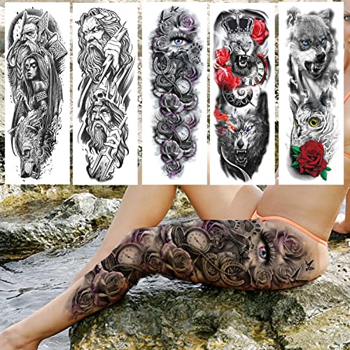 COKTAK 11 Hojas Full Brazo Completo Tatuajes Temporales Adultos Mujer Manga Cuerpo Guerrero Grandes Falso Tatuaje Temporal Pegatinas Negro Tribales Lobo León Tigre Tótem Tatuaje Hombre Pierna Animales