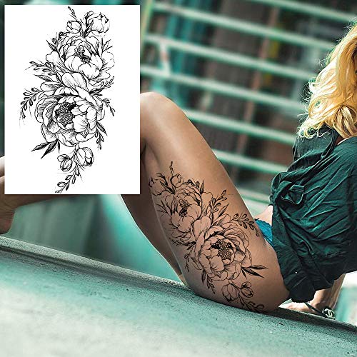 COKTAK 6 Hojas Tatuajes Temporales Realistas de la Gran Flor Rosa Negra Cuerpo de Mujer Piernas Brazo Arte Pegatinas Tatuaje Geométrico Gran Peonía Falso Adultos Bosquejo Chica Sexy Lirio de Durazno