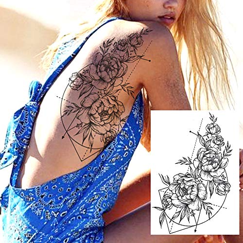 COKTAK 6 Hojas Tatuajes Temporales Realistas de la Gran Flor Rosa Negra Cuerpo de Mujer Piernas Brazo Arte Pegatinas Tatuaje Geométrico Gran Peonía Falso Adultos Bosquejo Chica Sexy Lirio de Durazno